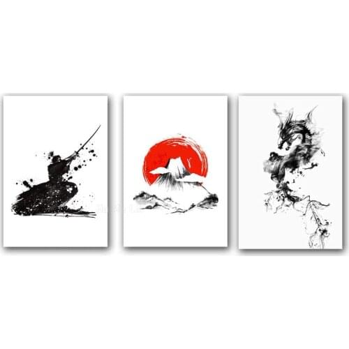 Japanese Samurai Ink Painting Nordic Art Smoke - Shaped Fuji Red Sun Tree Landscape Home Decoration