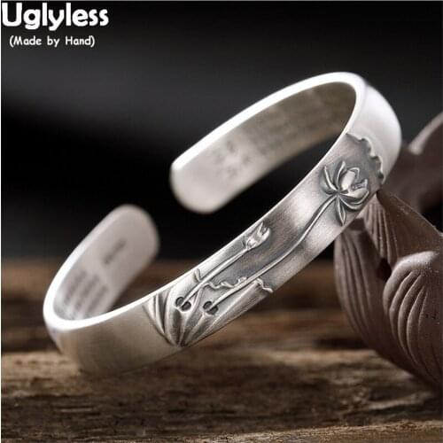 Uglyless Monk Buddha Bangles for Buddhists Solid 99.9% Pure Silver Heart Sutra Adjustable Wide Bangles Thai Silver Lotus Jewelry