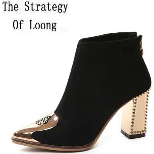 Cut Out Metal Decoration Zipper Nubuck Real Leather High Heels Winter Boots Genuine Leather Pointed Toe Ankle Boot ZY171025