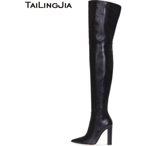 Womens Pointed Toe Over the Knee Long Boots Fashion Chunky High Heel Hotsale Plush Inside Ladies Winter Large size Boot 2019