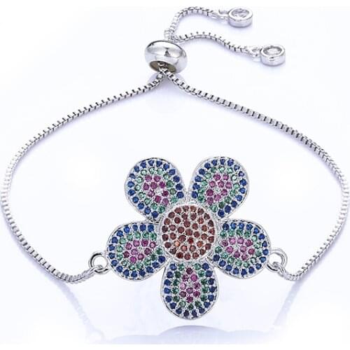 Fashion womens rainbow flower jewelry gold cz colorful zircon bracelet bangle adjustable chain bracelet for women