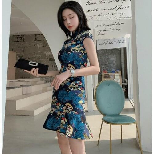 2020 New Spring Summer Mini Dress Ladies Short Sleeve Chinese Style Wrap Dress Ladies Stand Trumpet Blue Bodycon Vintage Dress