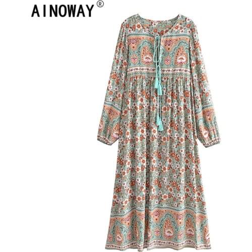 Green Floral Print Vintage chic women tassel beach Bohemian Maxi dress Ladies rayon cotton ethnic Boho sundress