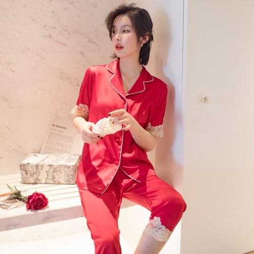 2021 Summer 2PCS Female New Home Suit Lace Trim Pajama Sets Turn-down Collar Sleepwear Autumn Pyjama Loose Nightwear M-XXL