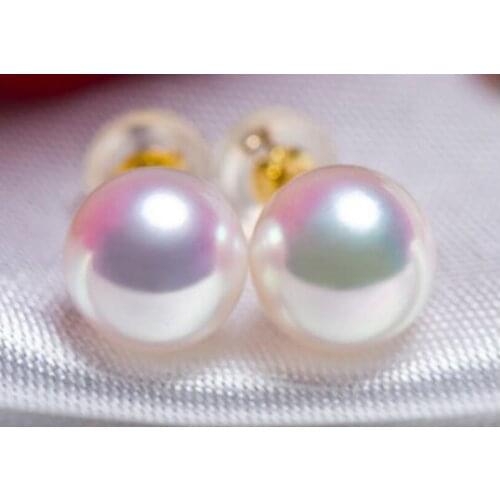 Free Shipping AAA natural 8-9mm Akoya white pearl pearl earrings gold