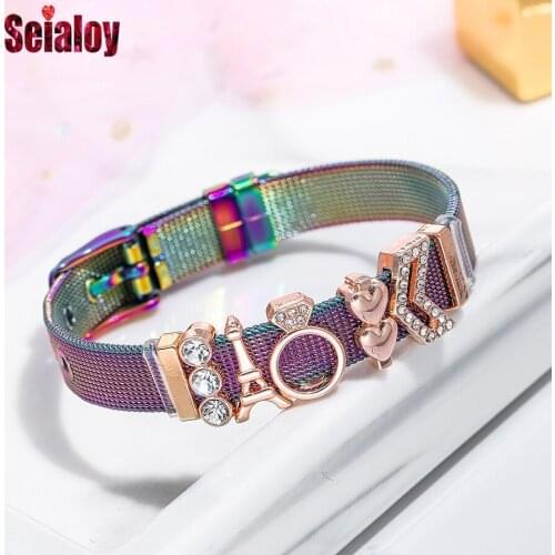 Seialoy Colorful Stainless Steel Mesh Bracelet Watch Chain Rose Gold Tower Love Heart Charm Bangle For Men Women Jewelry Gift