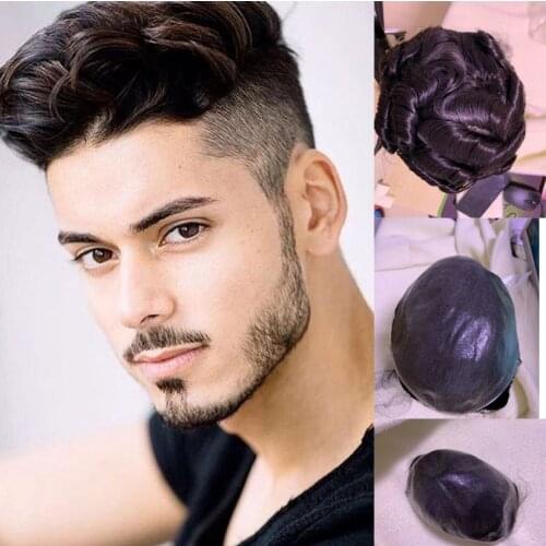 BYMC Mens Wig Full PU Men Toupee Mens StraighHair Pieces Unit Hair Replacement System Natural Black Color 8x10inch Wig for Men