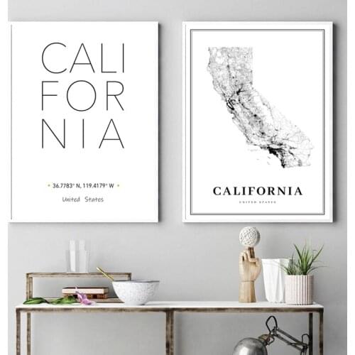 Black and White California City Map Poster Nordic Style Living Room Home Decoration Painting United States Wall Art Canvas Print