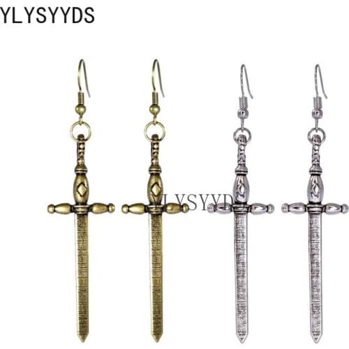 Long Sword Statement Earrings Bronze Dangle Dagger Edgy Fantasy Tarot Magic Occult Halloween Jewelry Witches Gift Fashion Women