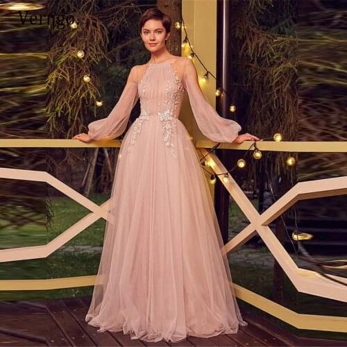Verngo Elegant Blush Pink A Line Tulle Prom Dresses Puff Long Sleeves Sheer Neck Floor Length 2021 Evening Gowns For Engagement