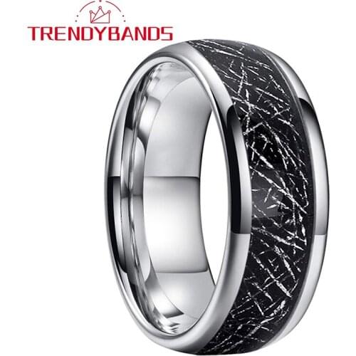 8mm Tungsten Carbide Ring For Men Women Wedding Band Black Meteorite Inlay Domed Comfort Fit