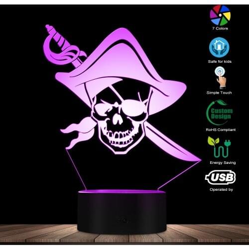 Corsair Skull With Sword 3D Glowing LED Night Light Man Cave Decorative Lamp One Eyed Skeleton Acrylic Display Table Decor Light