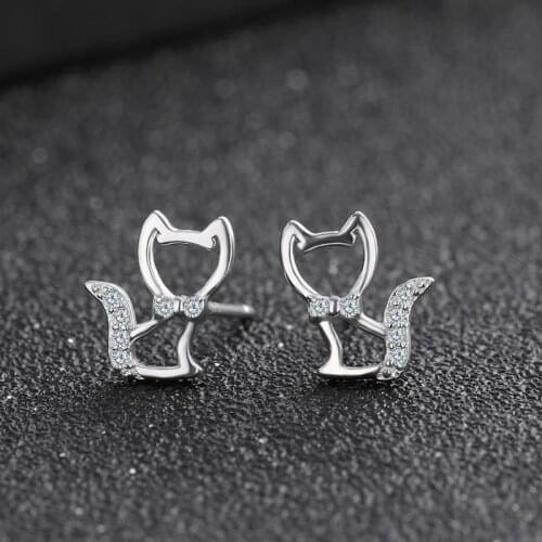 Red Trees Brand 925 Sterling Silver Stud Earrings Fine Jewelry Small Cute Cat Earrings For Girls / Young Ladies Silver 925