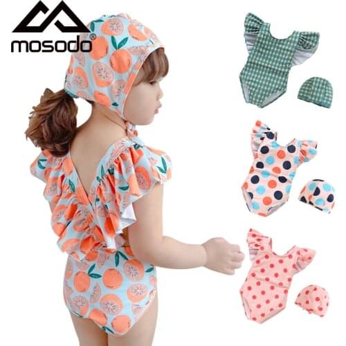 Mosodo Girls Swimsuit with Swim Cap Cute Ruffle Sleeve One Piece Swimwear for Kid Child Bathing Suit Children Beachwear 2021 New