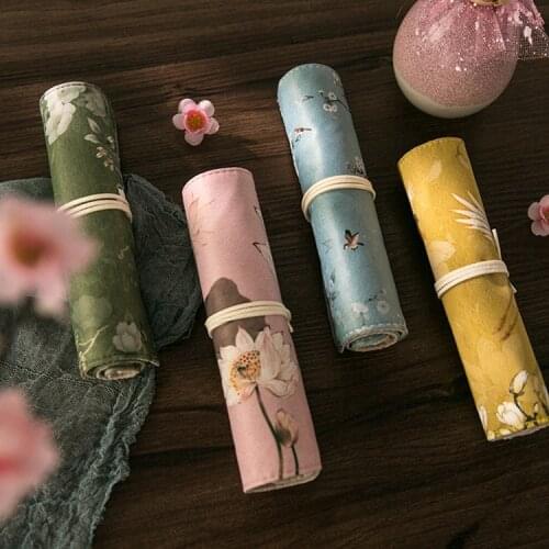 Kawaii Vintage School Pencil Case for Girls Canvas Roll Up Pouch Makeup Cosmetic Brush Pen Storage Pen Box Stationery Supplies