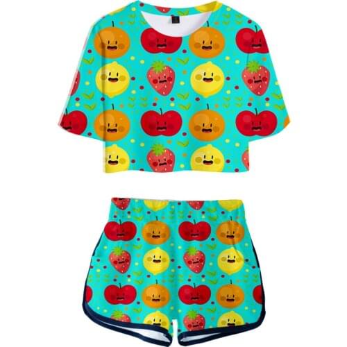 Fashion 3D printed Fruits Summer Short Exposed Navel T-Shirt Tops+ Short Pants Womens Two-Piece print many kinds of Fruits Sets