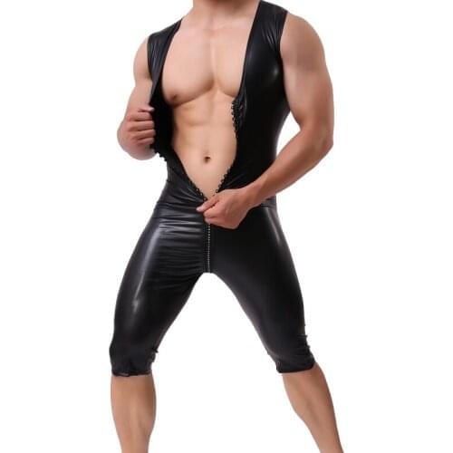Men Bodysuit Sexy Lingerie Leather Gay Front Zipper Underwear Stage Dancewear Corsets Man Leotard Bodysuit Costumes Bodystocking