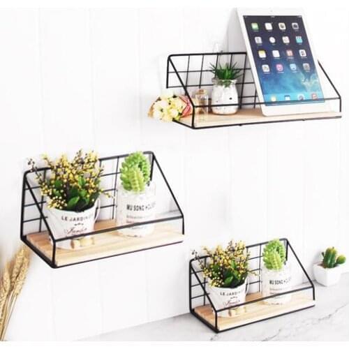 Wall Mounted Storage Rack Iron Floating Display Shelf Wire Wood Organizer Livingroom Holder Home Decorative Hanging Grid Basket