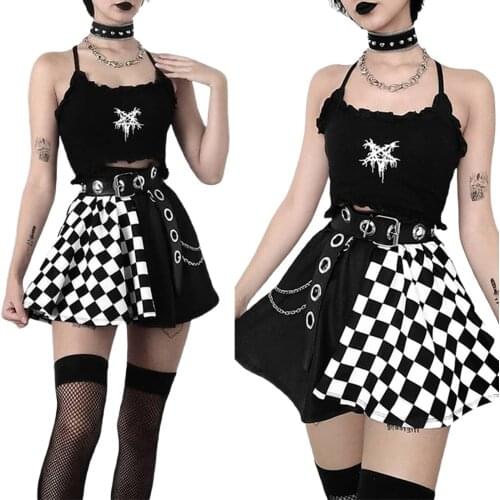 2021 Newset Womens Mini Skater Skirt Casual High Waist Checkerboard Print Color Block Flared Skirt