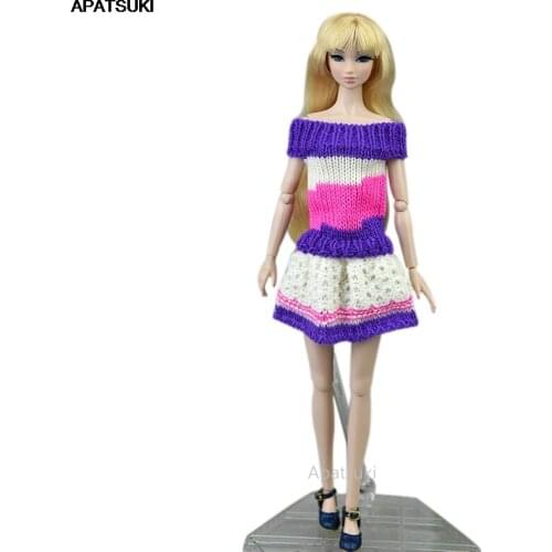 Purple Pure Manual Knitted Handmade Sweater Dress For Barbie Doll Clothes Outfits 1/6 Dollhouse Accessories Toys For Children