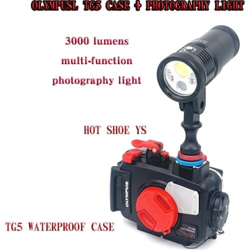 Underwater Waterproof Housing Camera Case for Olympus TG-5 PT-058 + Dive Torch Fashlight D3000 + 360 Degree Turnable YS Mount