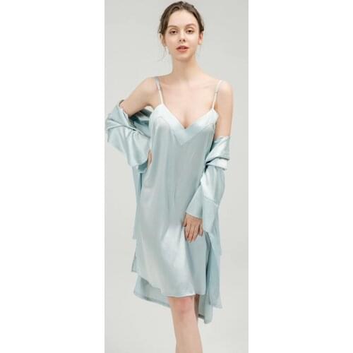 Silk Homewear Summer Cool Long Sleeve Nightgown Thin Sling Nightdress Ladies Sexy Lace Pajama Set