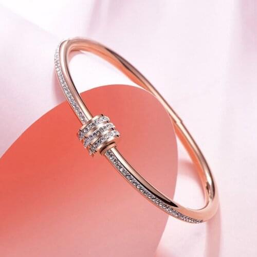 TJP Fashion Women 316 Stainless Steel Rose Gold High Quality Crystals Round Charm Bracelet Bangle Wedding Gift