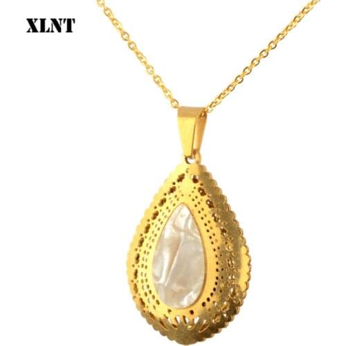 XLNT White Shell Water Drop Pendant Necklaces For Women Short Clavicle Chain Choker Stainless Steel Jewelry Girl