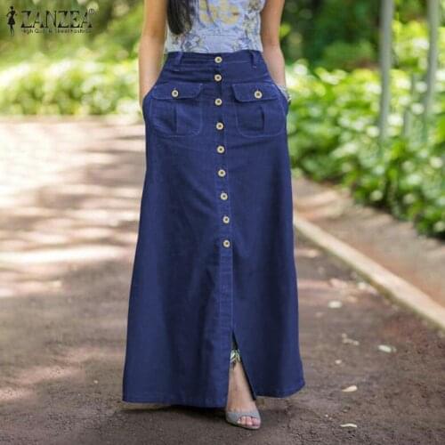 ZANZEA Women Retro Skirts 2021 Summer Denim Blue Long Skirt Casual Solid Split Bottoms Lady A-line Button Up Skirt Oversize 5XL