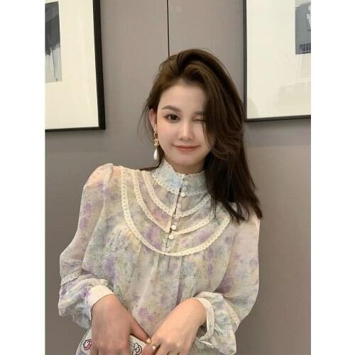 Family Qian Fus Sydney French super fairy broken Flower Chiffon shirt female long sleeve top Fairy Dress