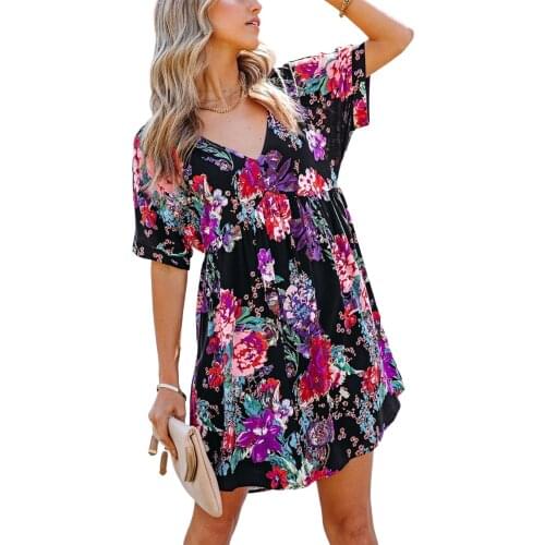 Female Short Dress, Adults Flower Print V-Neck Short Sleeve for Summer
