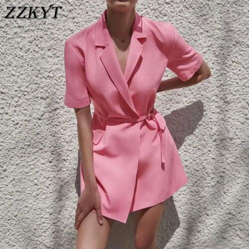 ZZKYT 2021 Women Summer Vintage Solid Pockets Mini Dress Fashion Lapel Collar Short Sleeve Office Lady Dresses Vestidos Mujer