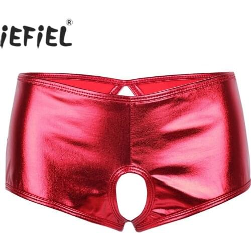 IEFiEL Womens Lingerie Sexy Wetlook Open Butt Faux Leather Crotchless Bikini Brief Underwear With Hole Exotic Panties