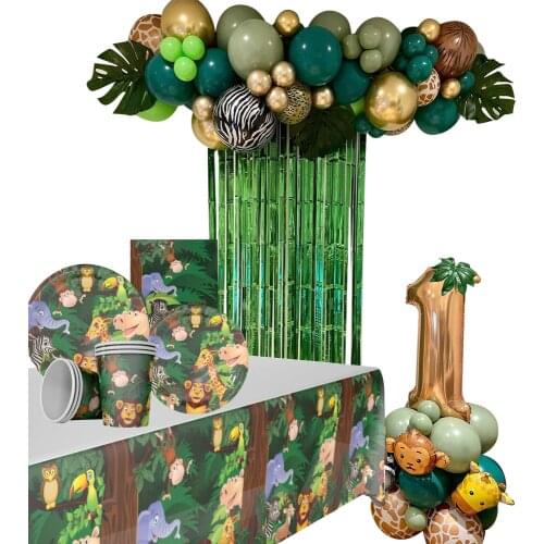 1set Jungle Safari Tableware Wild one Birthday Party Balloons Tower for Forest Animal Party Decoration Birthday Party Supplies