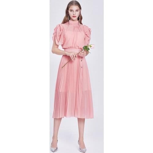 2020 Summer Elegant Slim Chiffon Dress Women Stand Collar Short puff sleeve Pleated party Dress office OL Vestidos