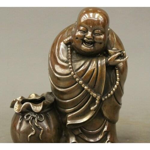 8" Chinese Bronze Copper Happy Laughing Maitreya Wealth Money Bag YuanBao Statue 160817