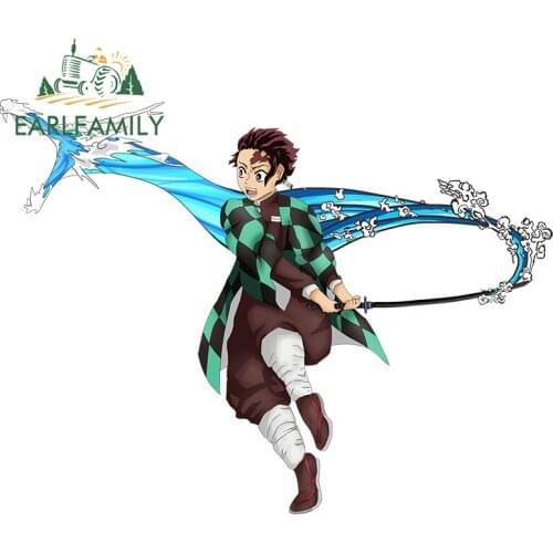 EARLFAMILY 13cm x 9.7cm for Demon Slayer Tanjiro Vinyl Car Wrap Decal Anime Car Sticker Motorcycle Scratch-Proof RV Decoration