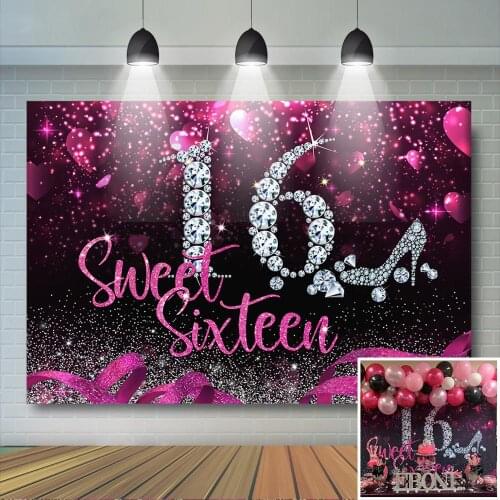 Sweet 16th Birthday Party Backdrop Diamond High Heel Pink Photography Background Girls Sweet Sixteen Birthday Party Banner Decor