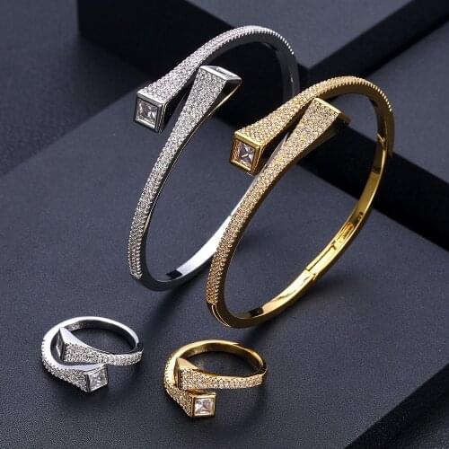 Janekelly luxury Unique African Bangle Ring Set Jewelry Sets For Women Wedding Cubic Zircon Crystal CZ Dubai Bridal Jewelry Set