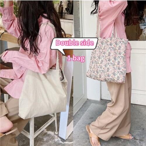 Plaid Floral Double Side Shopping Bag for Women Retro Cotton Girl Shoulder Bags Large Capacity Ladies Beach Casual Tote Handbags