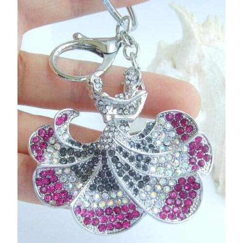Pretty Ballet Dancer Keychain Pendant Gray Pink Rhinestone Crystal K05815C3