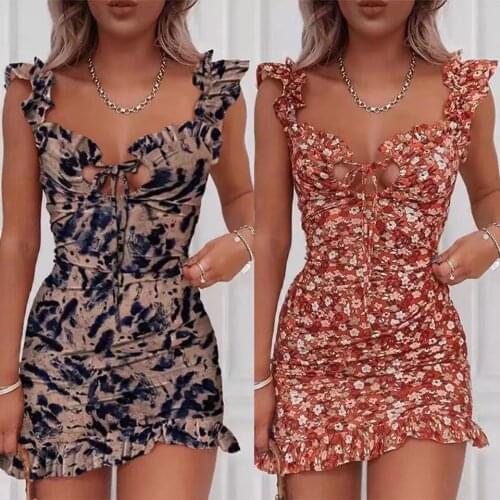 Summer Floral Print Dress Tied Ruffles Dress Women Fashion Sleeveless Casual Sexy Vacation Beach Short Mini Dresses
