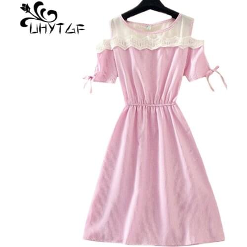UHYTGF Summer dresses Womens Fashion lace stitching Small fresh dress Female stripe Bohemia cute girl elegant dress vestidos 125