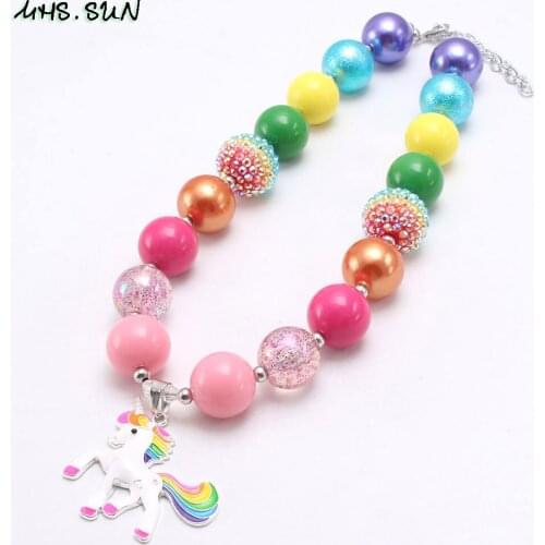 MHS.SUN Unicorn Pendant Necklace For Girls Children Kids Cartoon Horse jewelry Chunky Bubblegum Beads Necklace Party Gift