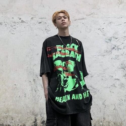 2021 hole graffiti Diablo printed short-sleeved T-shirt male niche high street Harajuku style top