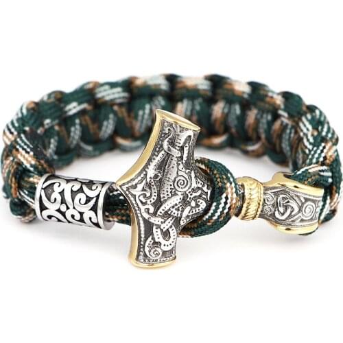 Mens Stainless Steel Norse Viking Thor Hammer Mjolnir Parachute cord Rope weaving Bracelet Mens Amulte Gift