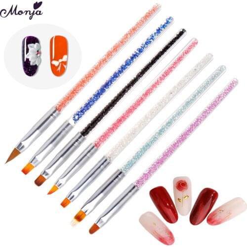 Monja 7Pcs/Set Rhinestone Handle Nail Art Brush Kit Acrylic UV GEL Extension Builder Painting Pattern DIY Design Drawing Pen