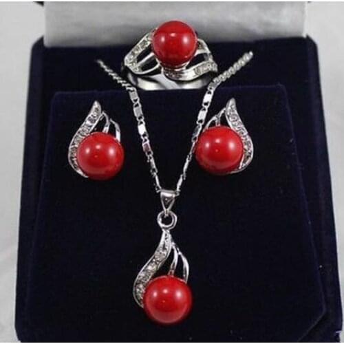 Jewelry Pearl Set Genuine 10mm Coral Red South Sea Shell Pearl CZ Earrings Necklace Ring Set