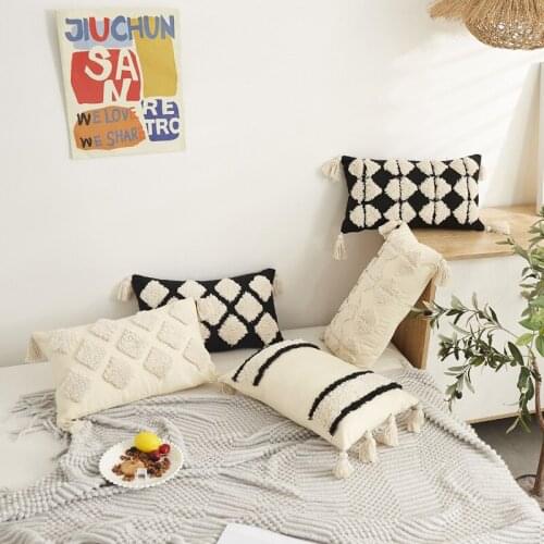 Black Beige Tassels Embroidery Cushion Cover Home Decor Cotton Morocco Pillow Cover 30x50cm Lumber Throw Pillows