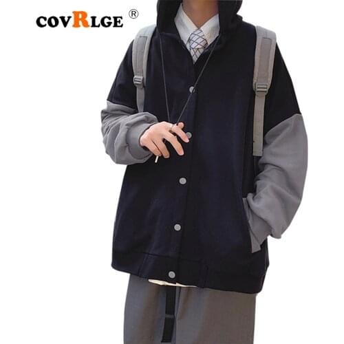 Covrlge Autumn Retro Hong Kong Style Hooded Cardigan Coat Men Women Students American Vintage Spell Sleeve Hooded Jacket MWJ241